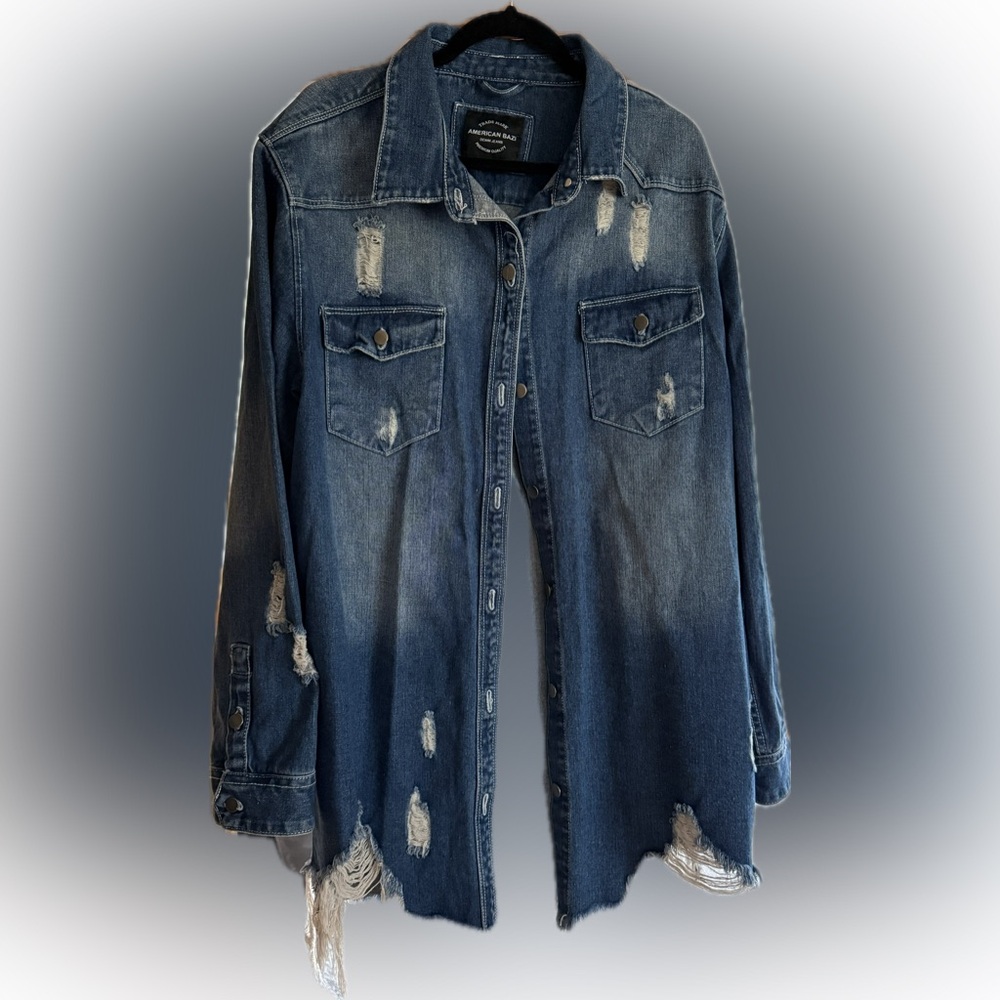 American Bazi long distressed jean jacket 2X